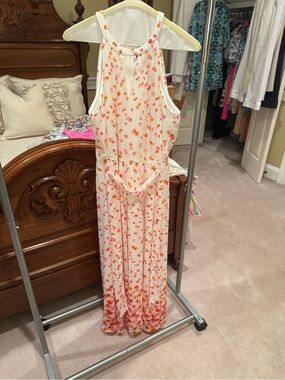 DKNY White Halter Maxi Dress with Orange and Pink Floral Print